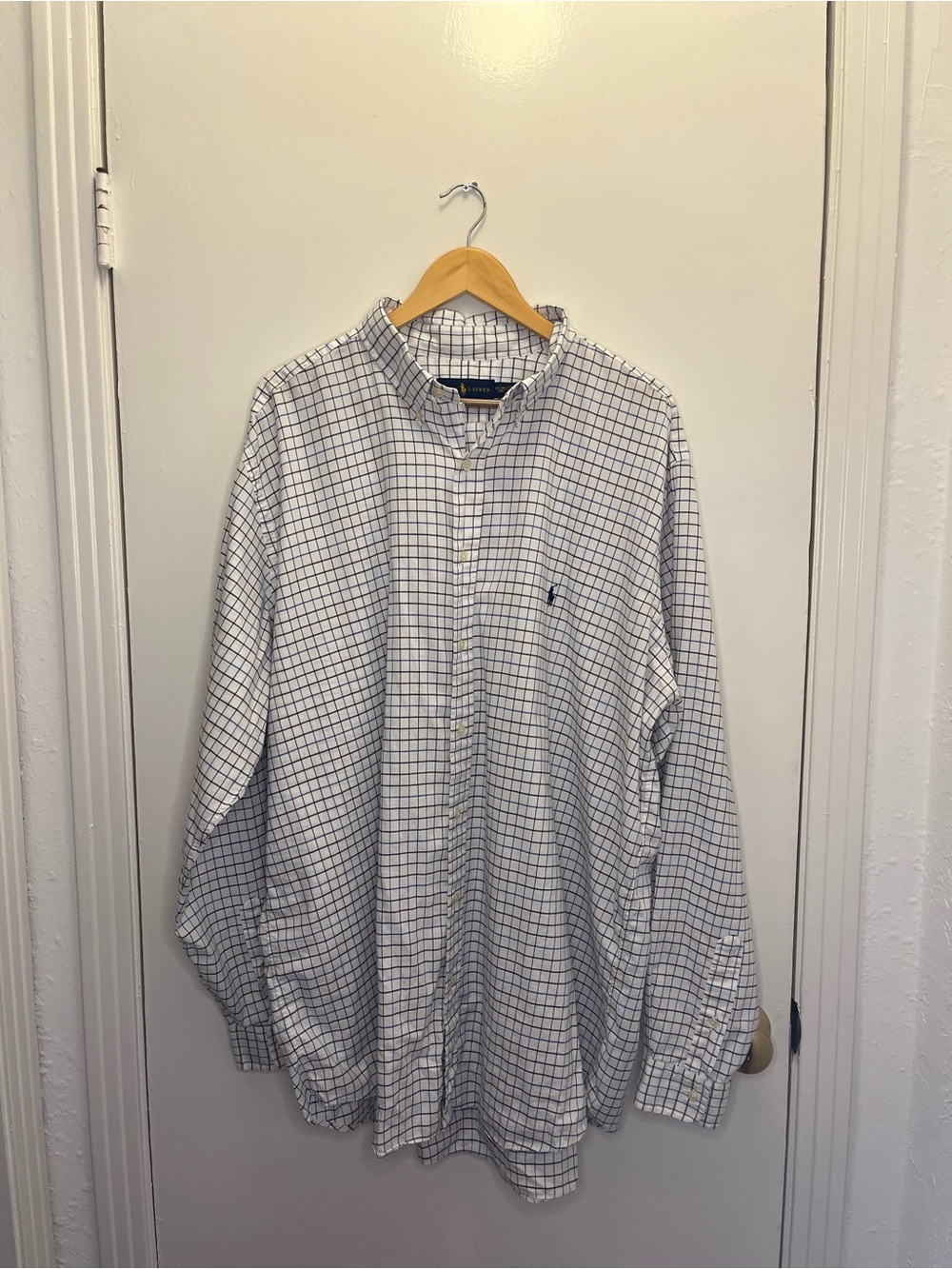 Ralph Lauren White Button-Down Shirt with Navy and Brown Lines